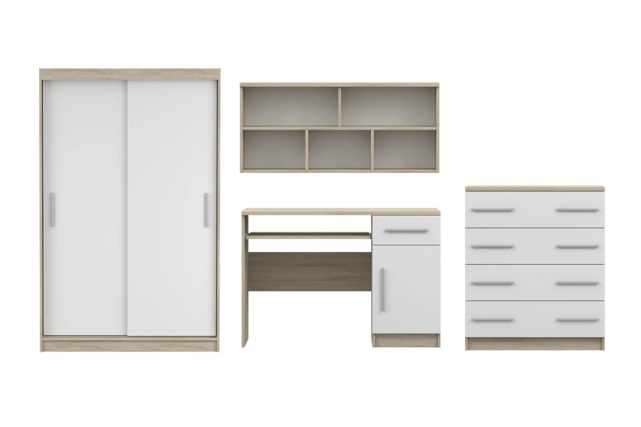 Moderne meubelset in wit en eiken met kledingkast, bureau, ladekast en wandplank.