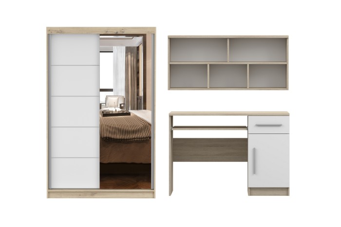 3-teiliges Jugendzimmer-Set in Eiche-Optik und Weiß mit Schrank, Schreibtisch und Wandregal.