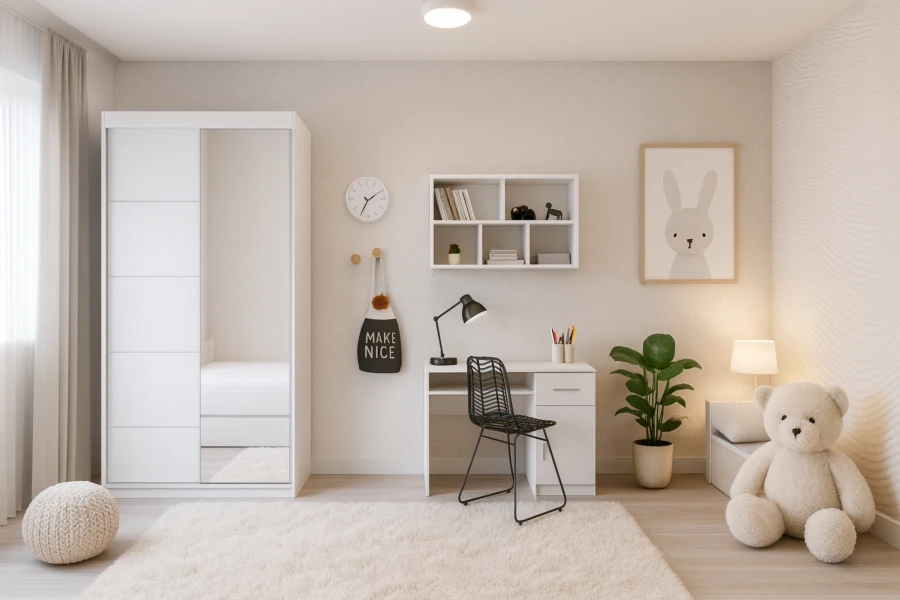 Hell eingerichtetes Kinderzimmer mit weißem Kleiderschrank, Schreibtisch und flauschigem Teppich.