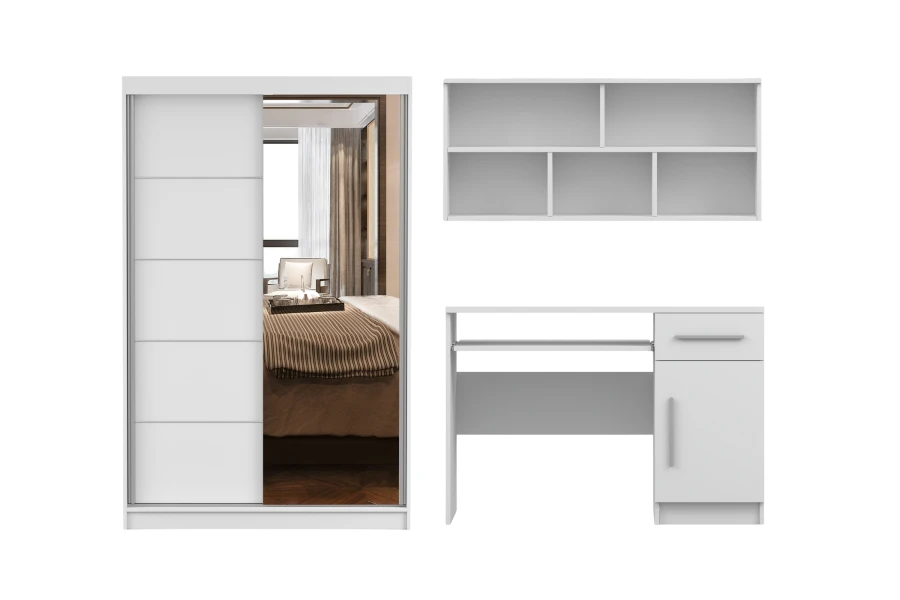 Komplettes Möbel-Set in Weiß bestehend aus Spiegelschrank, Schreibtisch und Hängeregal.