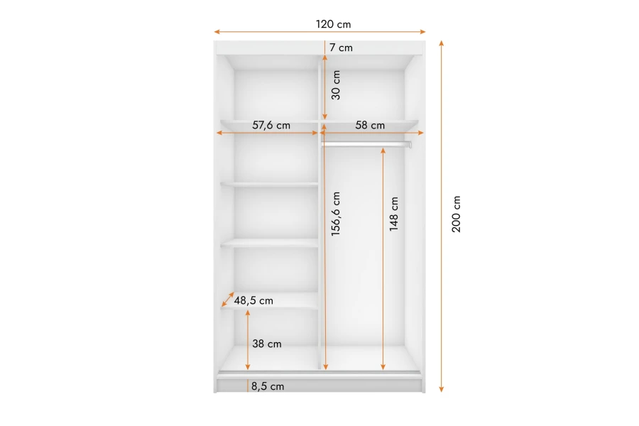 Technische Zeichnung mit Maßen und Inneneinteilung des 120 cm breiten Kleiderschranks.