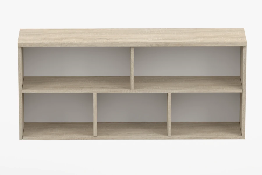 Hängeregal in Holzdekor mit asymmetrischer Aufteilung, Frontalansicht.