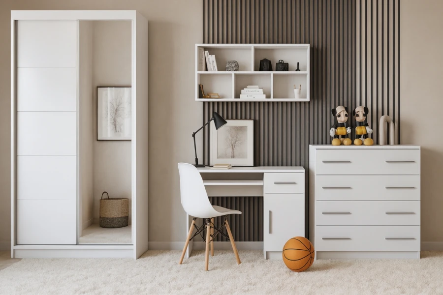 Stilvolles Jugendzimmer-Set mit weißem Kleiderschrank, Schreibtisch und passender Kommode.