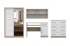 Jugendzimmer-Set in Eiche-Optik und Weiß: Schrank, Schreibtisch, Kommode und Hängeregal.