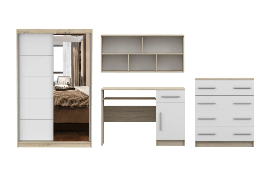 Jugendzimmer-Set in Eiche-Optik und Weiß: Schrank, Schreibtisch, Kommode und Hängeregal.