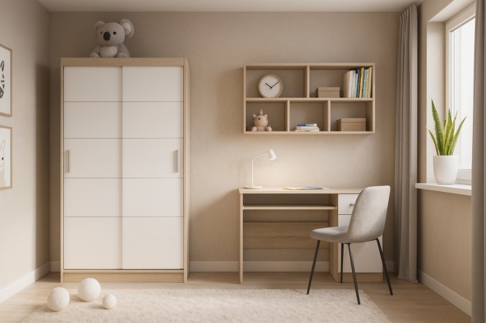 Modernes Jugendzimmer mit Kleiderschrank, Schreibtisch und Wandregal in Eiche-Dekor und Weiß.