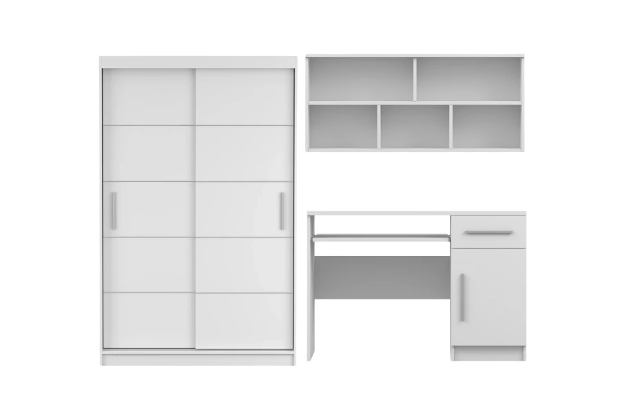 Modernes weißes Möbelset: Kleiderschrank, Schreibtisch und Wandregal für das Jugendzimmer.