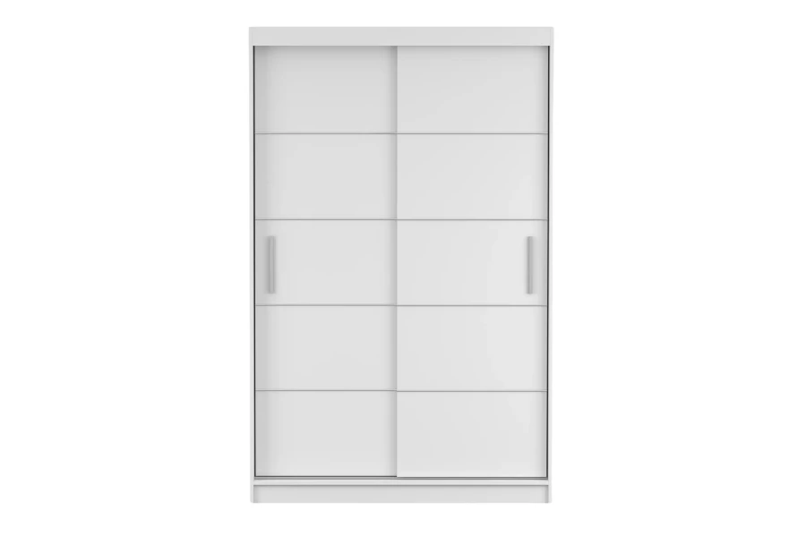Weißer Kleiderschrank mit Schwebetüren und silbernen Griffleisten, minimalistisches Design.