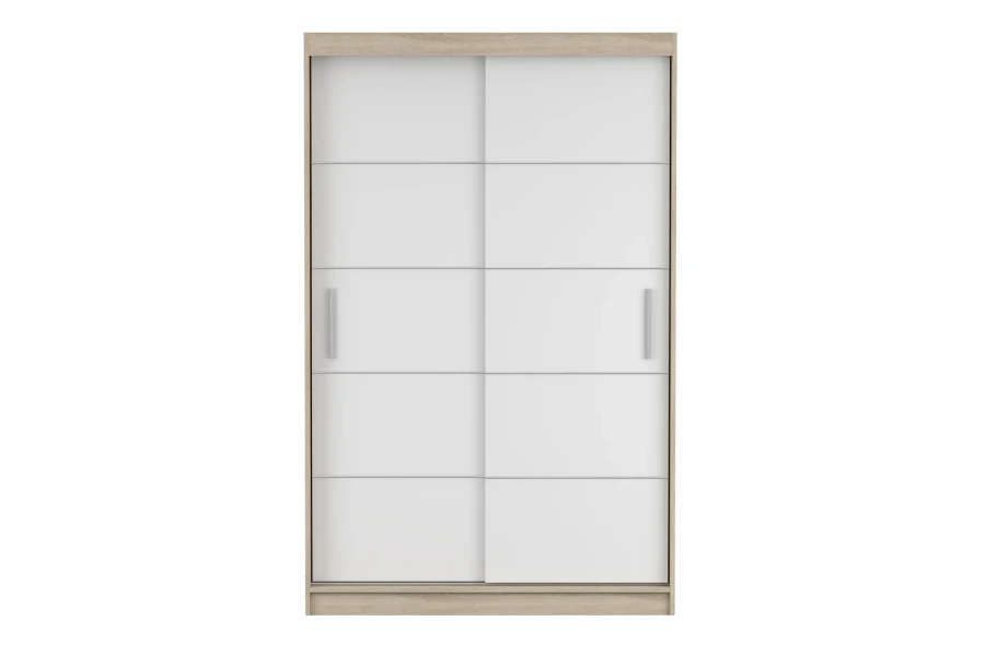 Moderner Kleiderschrank in Weiß und Sonoma Eiche mit zwei Schiebetüren, Frontansicht.