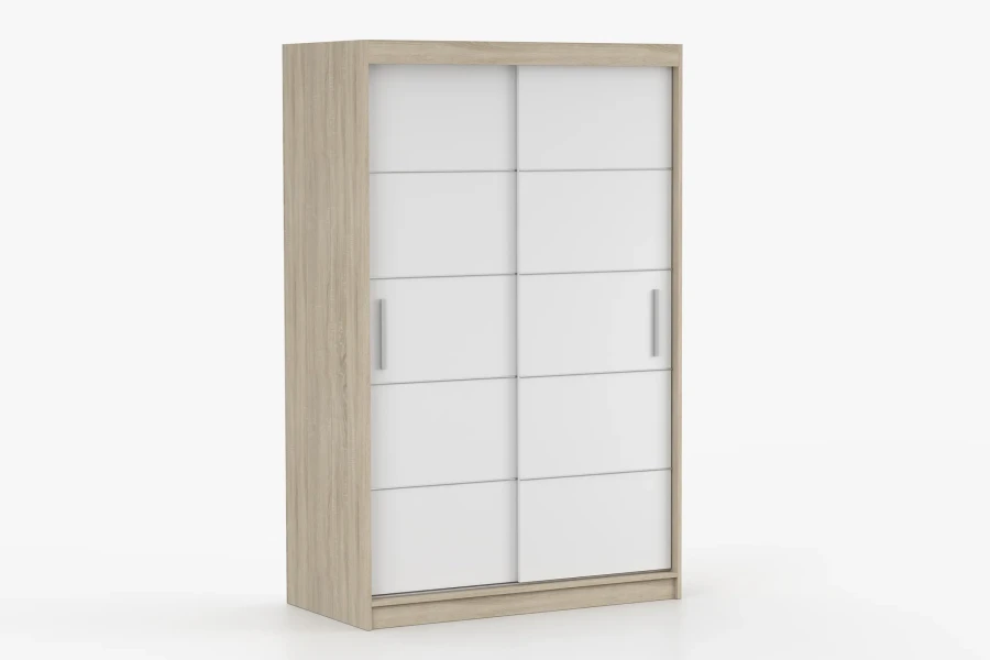 Schwebetürenschrank in Weiß und Eiche Optik, schräge Seitenansicht für das Schlafzimmer.