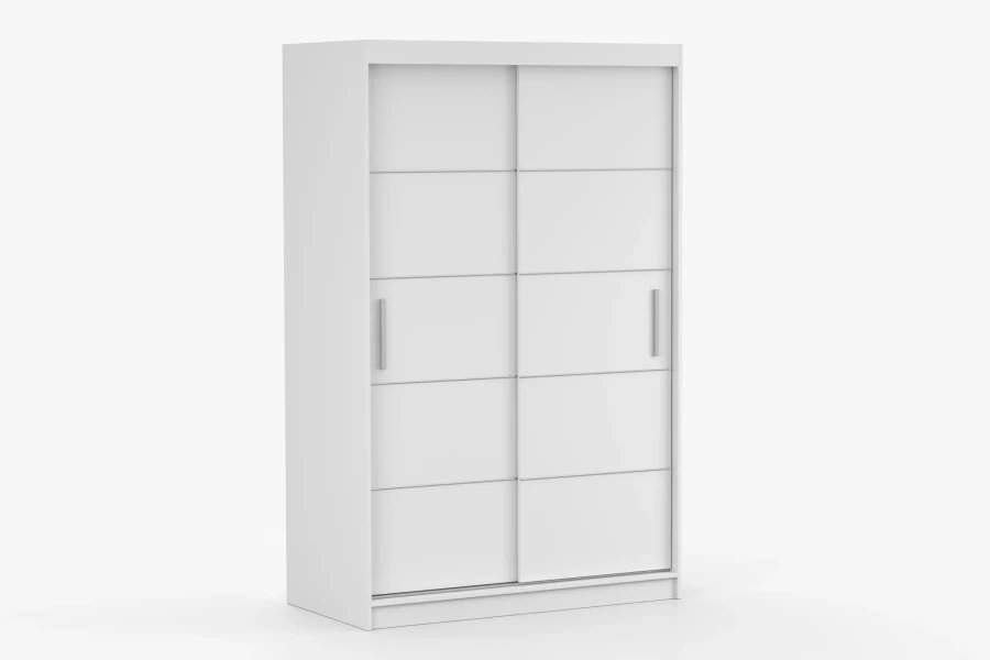 Eleganter Kleiderschrank komplett in Weiß mit praktischen Schiebetüren, perspektivische Ansicht.