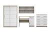 4-teiliges Möbel-Set in Weiß und Eiche: Kleiderschrank, Schreibtisch, Kommode und Wandregal.