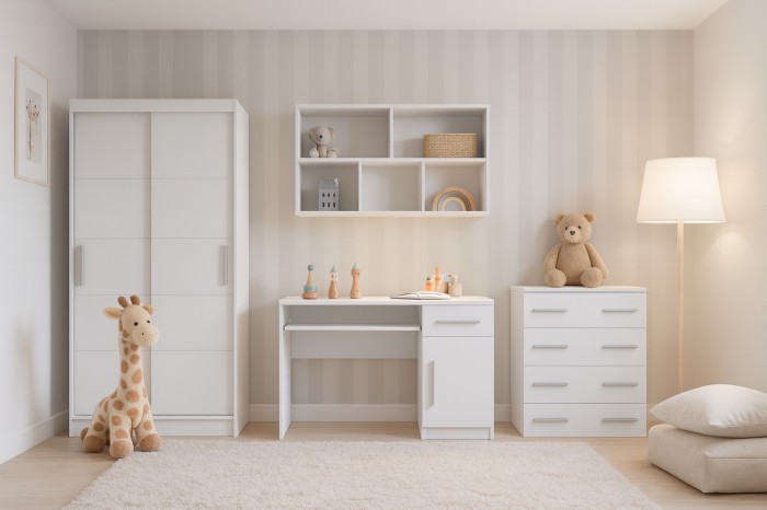Modernes weißes Kinderzimmer-Set mit Kleiderschrank, Schreibtisch und Kommode in heller Atmosphäre.