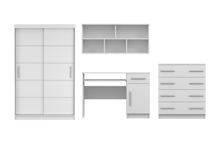 Meubelset voor de tienerkamer in wit: kledingkast, bureau, hangplank en commode.