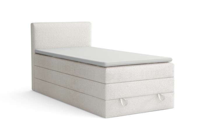 Elegantes weißes Polsterbett für Kinder mit strukturiertem Stoffbezug in minimalistischem Design.