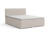 Modernes Boxspringbett mit beigem Cord-Bezug und hohem Kopfteil vor weißem Hintergrund.