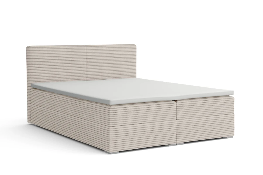 Modernes Boxspringbett mit beigem Cord-Bezug und hohem Kopfteil vor weißem Hintergrund.