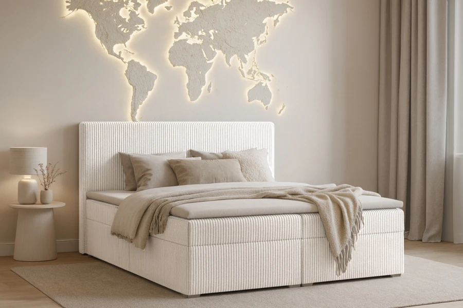 Stilvolles Schlafzimmer mit beige Cord-Boxspringbett und dekorativer Weltkarte als Wandleuchte.