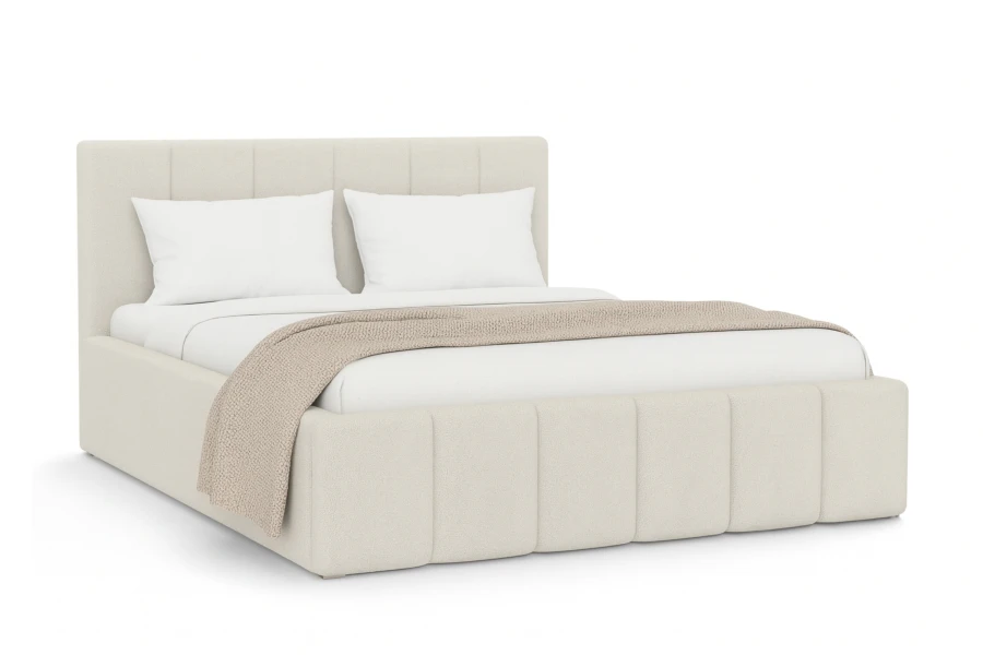 Elegantes Polsterbett Megan in Beige mit moderner vertikaler Steppung am Bettrahmen.