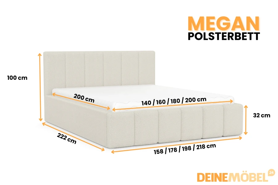 Maßangaben für das Polsterbett Megan in verschiedenen Größen von DeineMöbel24.