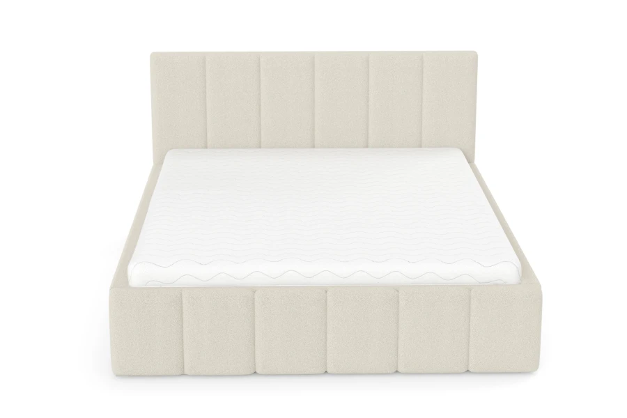 Modernes Polsterbett in Beige mit weißer Matratze und gestepptem Kopfteil, Frontansicht.
