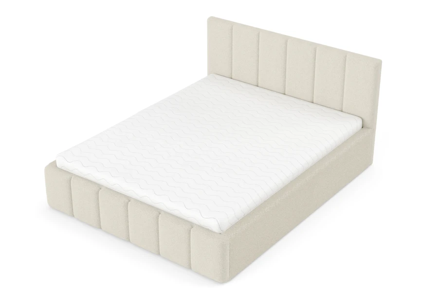 Elegantes beiges Polsterbett mit Matratze, perspektivische Ansicht schräg von oben.
