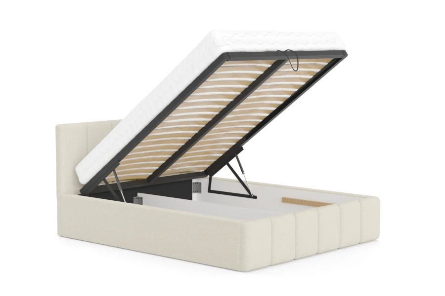 Aufklappbares Polsterbett beige mit Bettkasten und Stauraum unter der Matratze.