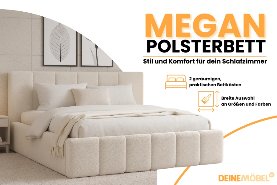 Megan Polsterbett in Creme mit zwei praktischen Bettkästen für das Schlafzimmer.