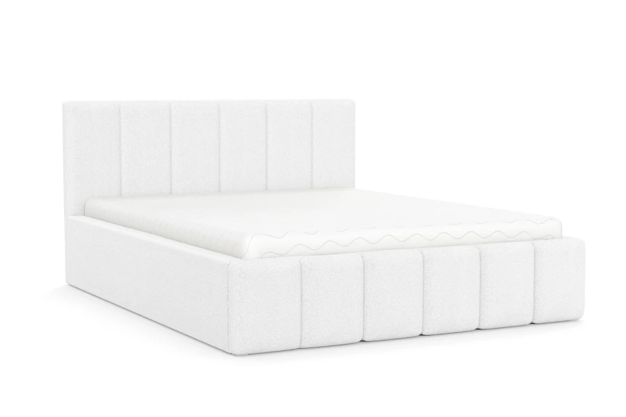 Minimalistisches Megan Polsterbett in Creme vor weißem Hintergrund.