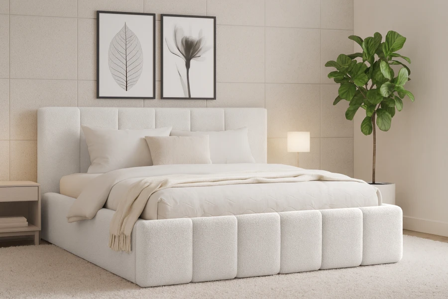 Modernes gepolstertes Bett in Weiß im minimalistischen Schlafzimmer-Design.