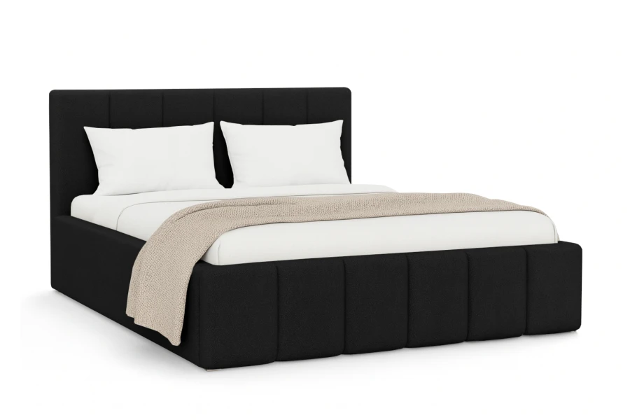Schwarzes Polsterbett mit gestepptem Design und weißer Bettwäsche.