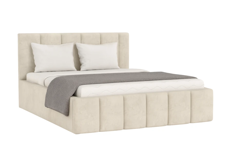 Beige Polsterbett Megan mit gestepptem Kopfteil, weißen Kissen und grauer Tagesdecke.