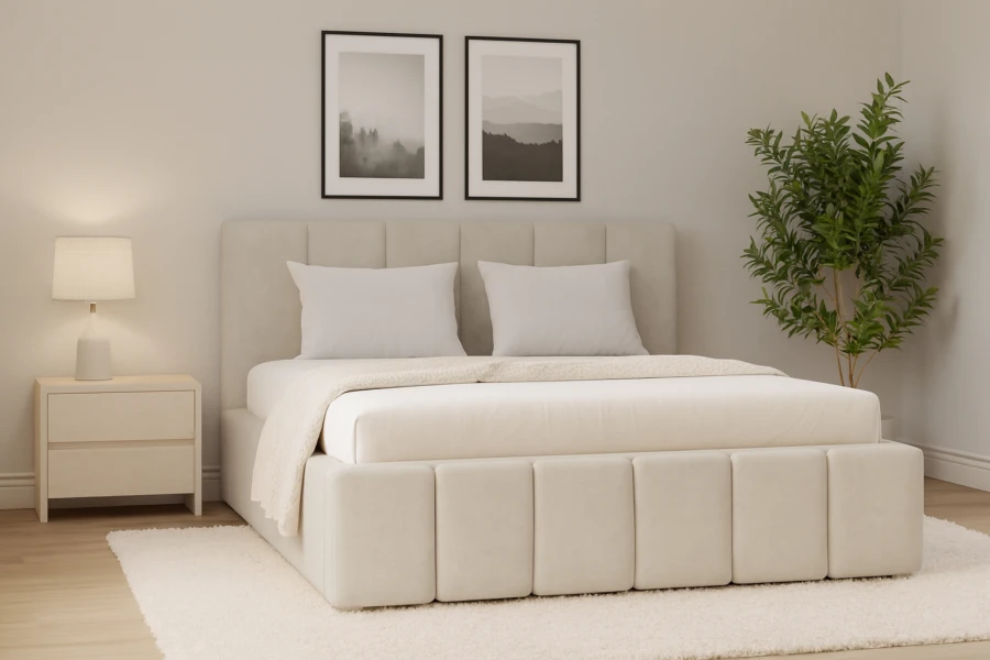 Beige Polsterbett Megan in hellem Schlafzimmer mit gemütlicher Atmosphäre und Zimmerpflanze.