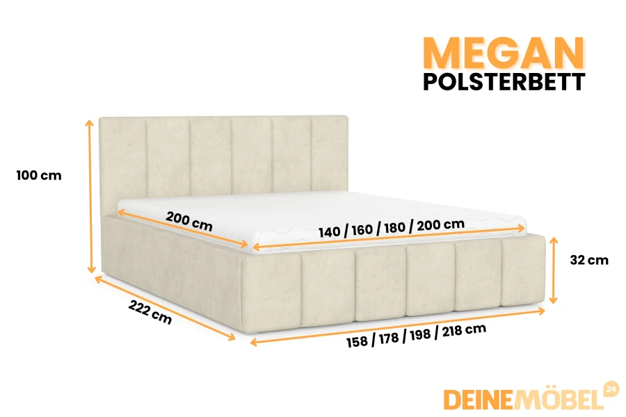 Abmessungen des Megan Polsterbetts: Grafische Übersicht der verschiedenen Bettgrößen und Maße.