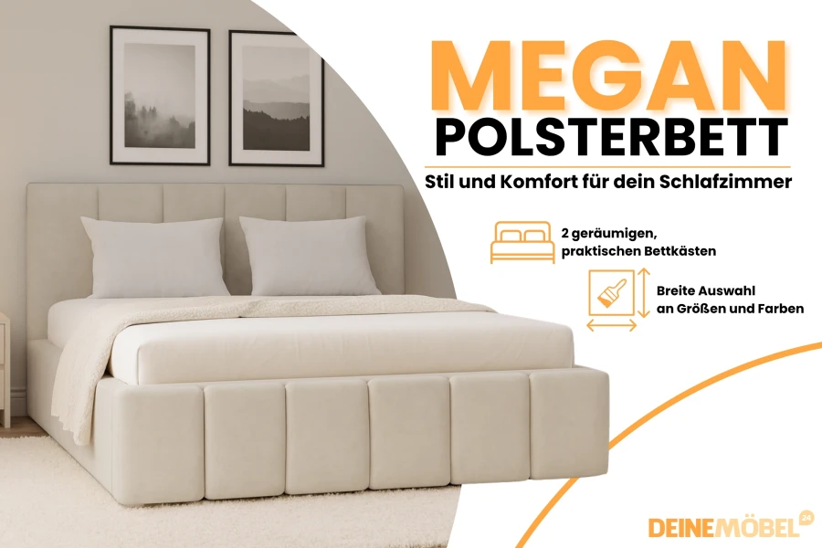 Megan Polsterbett Werbebild mit Infos zu Bettkästen und verschiedenen Größen.