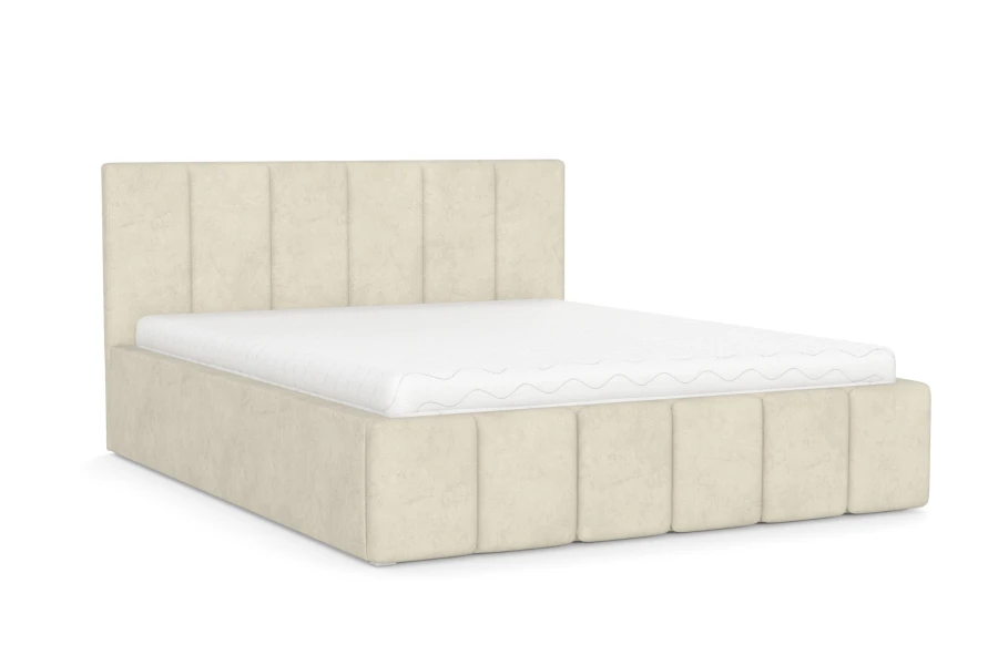 Modernes Polsterbett in Beige mit vertikal gestepptem Kopfteil.