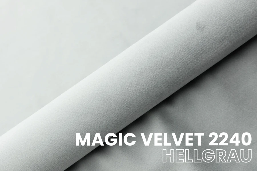 Nahaufnahme vom Möbelstoff Magic Velvet 2240 in Hellgrau für hochwertige Polsterbetten.