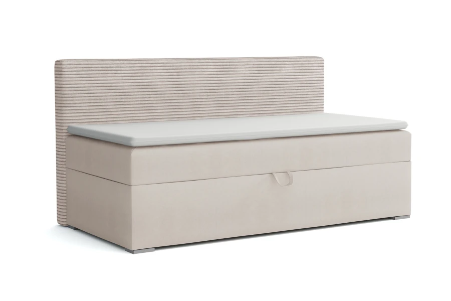 Beige upholstered bed with storage box and horizontally ribbed headboard.