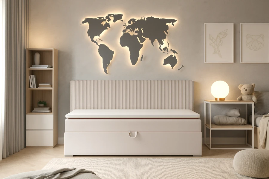 Modern children's room with beige bed, illuminated world map on the wall and light wood shelf.