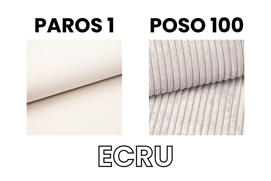 Stoffmuster-Vergleich für Möbel in Ecru: Glatter Stoff Paros 1 und Cord-Struktur Poso 100.