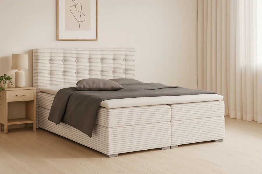 Gemütliches Schlafzimmer mit beigem Cord-Boxspringbett, Holz-Nachttisch und minimalistischer Wandkunst.