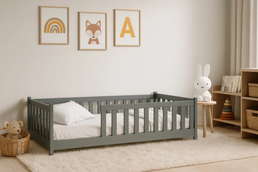 Graues Kinderbett aus Holz mit Rausfallschutz in gemütlichem Kinderzimmer.