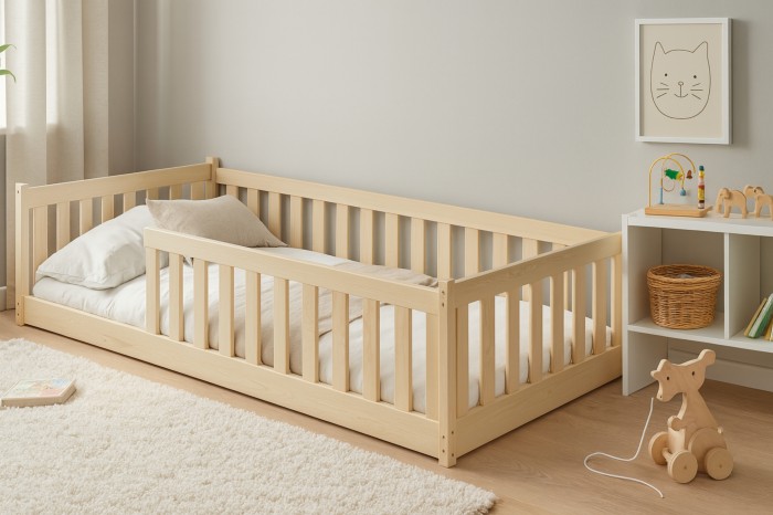 Bodentiefes Kinderbett aus Naturholz im Montessori-Stil für ein sicheres und gemütliches Kinderzimmer.
