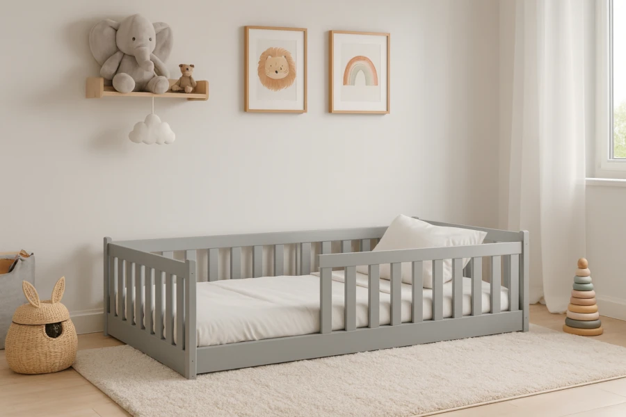 Graues Kinderbett im modern eingerichteten Kinderzimmer mit Spielzeug und Deko.