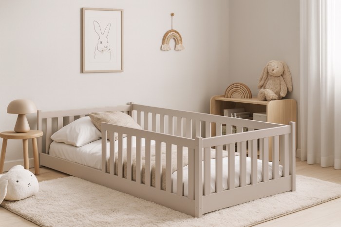 Modernes Kinderzimmer mit beigem Holzbett, flauschigem Teppich und kinderfreundlicher Dekoration.