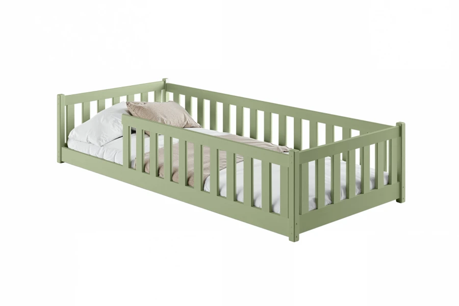 Salbeigrünes Kinderbett aus Holz mit Rausfallschutz, minimalistisches Design für Jungen und Mädchen.