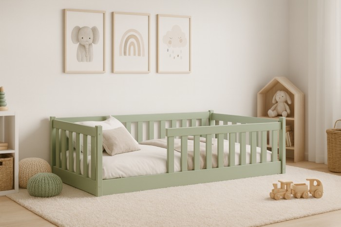 Modernes Kinderzimmer mit salbeigrünem Bodenbett aus Massivholz und sanfter Wanddekoration.