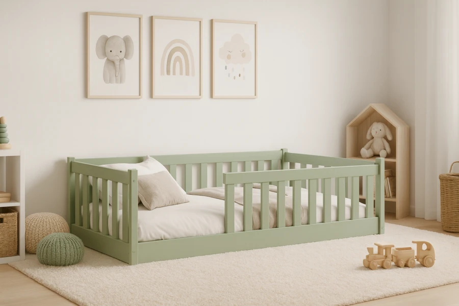 Modernes Kinderzimmer mit salbeigrünem Bodenbett aus Massivholz und sanfter Wanddekoration.