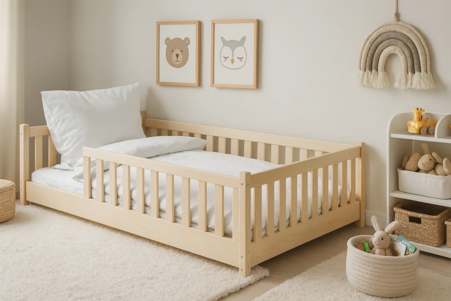 Eingerichtetes Kinderzimmer mit Holzbett, Teppich, Kuscheltieren und Wandbildern.