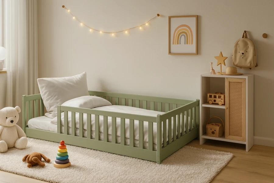 Gemütliches Kinderzimmer mit salbeigrünem Bett, flauschigem Teppich, Teddybär und Regenbogen-Wandbild.